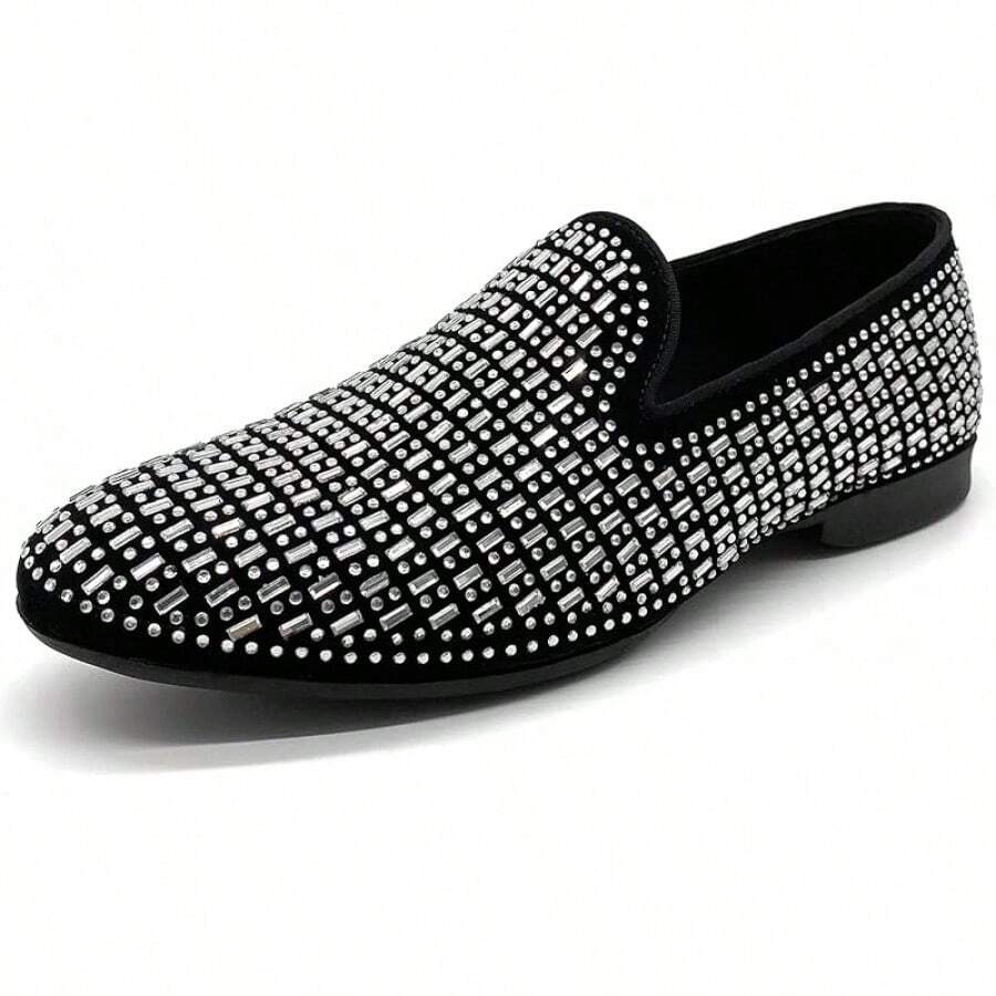 Men's Pointed Toe Rivet Dress Shoes Glitter Modern Metallic Slip On Loafers Plus Size-20256688 - Silver - View 1