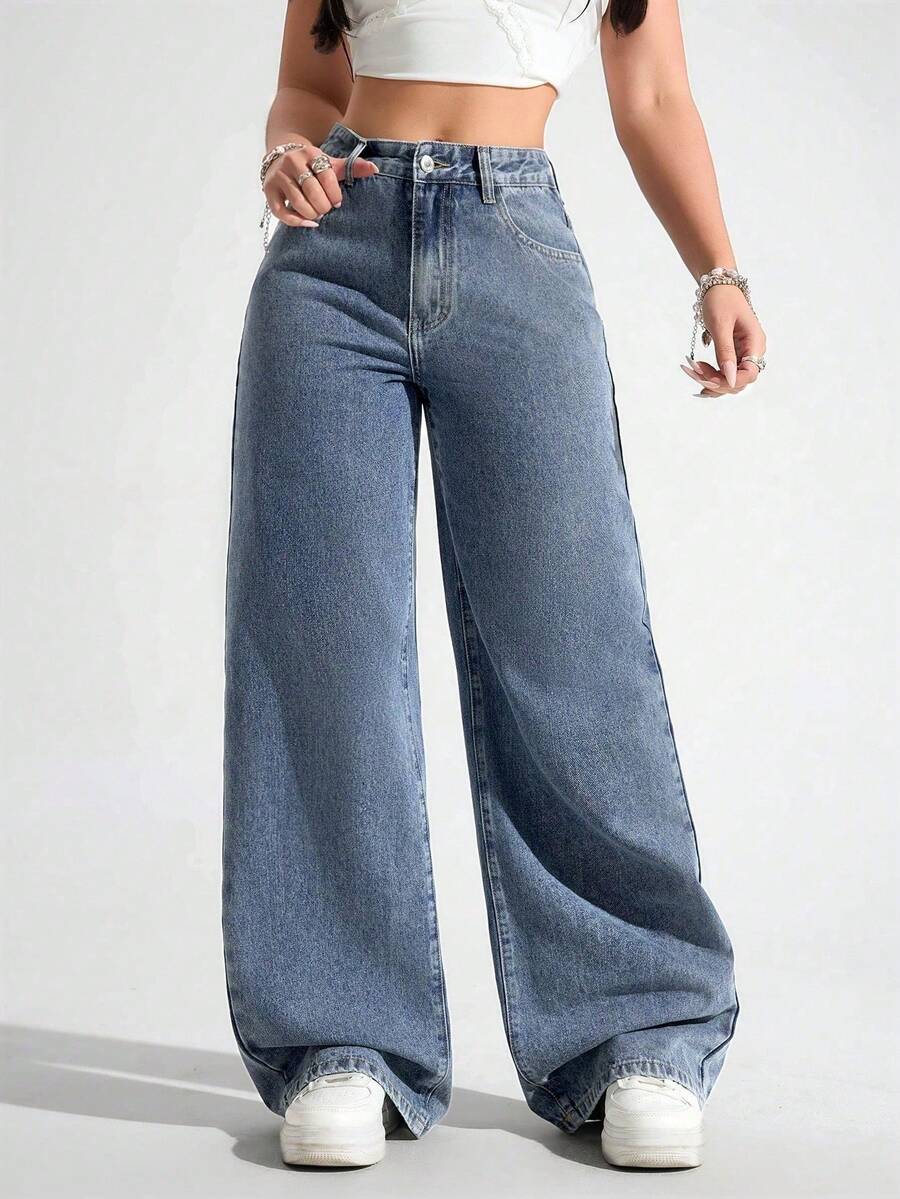 Jeans que sobreviven a 10 tacos al pastor Mezclilla Anchos Jeans Pierna acampanados Talla Grande para Mujer Cintura Alta Elásticos Pantalones Larga Duración y Suelta - Azul - Ver 1