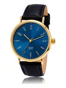 Men's Watch With Leather Strap And Metal Original Launch - Gold Blue Background - View 1