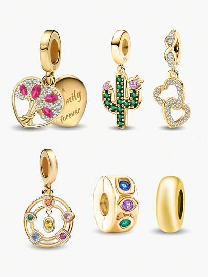 1PC 925 Sterling Silver Golden Heart Colorful Diamond Beads Fit For Women Bracelets Bangles DIY Jewelry Making And Daily Outfit Matching Jewelry Decoration For Girls