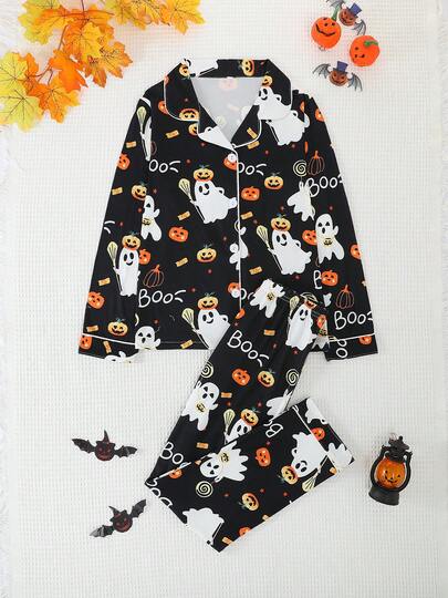 Set de 2 piezas de pijama informal con estampado de monstruos de dibujos animados para niñas y adolescentes, con chaqueta de punto con cuello y pantalones, retardante de llamas, adecuado para Halloween y todas las estaciones