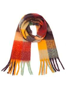 1条秋冬时尚条纹格纹抓绒保暖女士红色羊毛加厚围巾，保暖腈纶围巾，触感如羊绒般柔软，波西米亚休闲防风情侣披肩，舒适毯式围巾，适合日常穿着。 - 彩色 - 查看 5