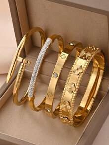 4pcs/1set 18K Gold Plated Stainless Steel Women Fashion Bracelet Set, 3D Five-Leaf Flower Bracelet, Four-Leaf Flower Nail Bracelet, Four-Leaf Flower High-Quality Rhinestone Bracelet, Waterproof & Fade-Resistant, Suitable For Daily Wear, Parties, Gifts For Friends & Family, Valentine's Day, Christmas - Gold - View 2