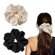 2 Pieces Jumbo Satin Silk Scrunchies For Women 7.5 Inches Large Oversize Scrunchies For Thick Hair Ties Hair Ornament Black And Beige - 黑色和米色 - 查看 2