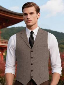 Casual Men's Vests Herringbone Tweed Vest V-Neck Waistcoat For Men Retro Men's Wedding Vests Hunting Travel Workwear Vest - 摩卡棕 - 查看 8