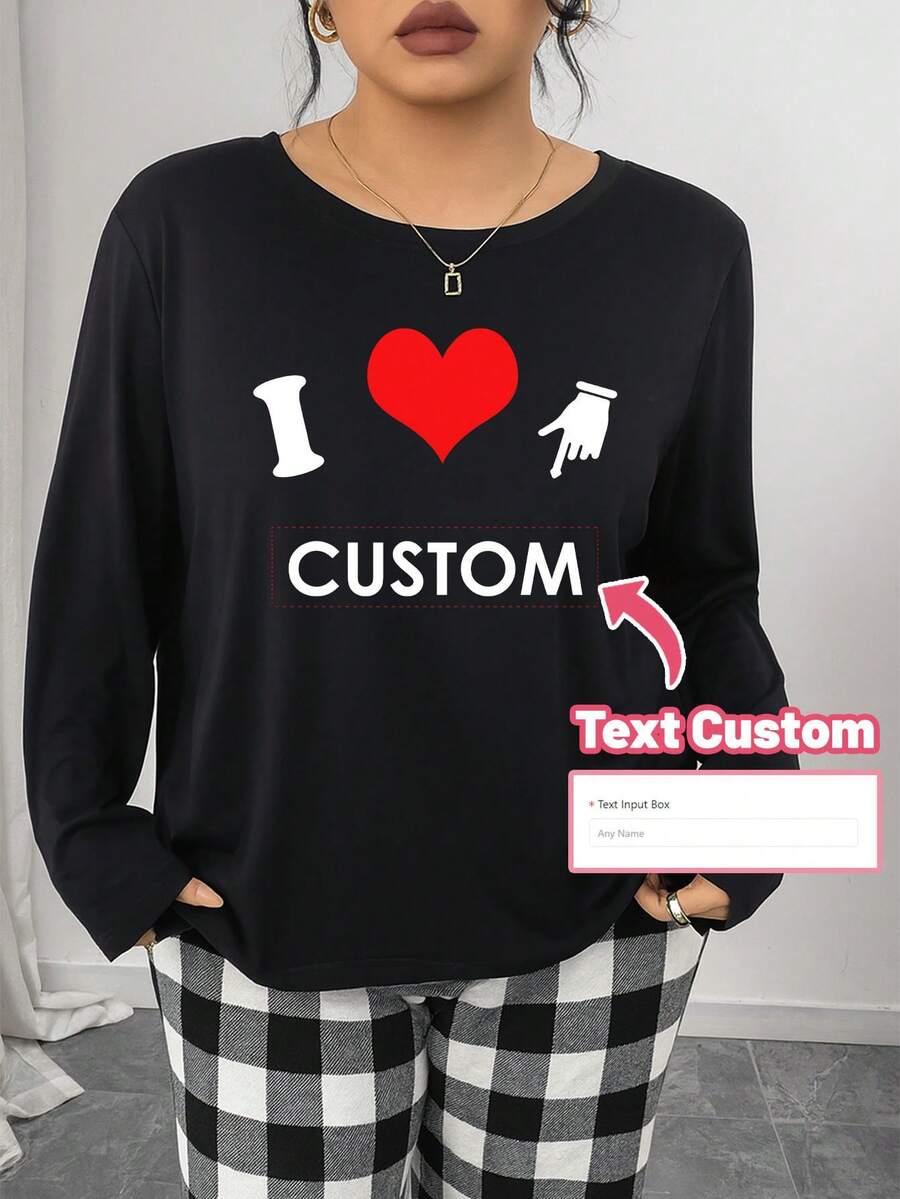 Áo ngủ dài tay họa tiết 'I Love You' cỡ lớn tùy chỉnh dành cho nữ, mặc ở nhà, ấm áp, mùa thu và đông - màu đen - Xem 1