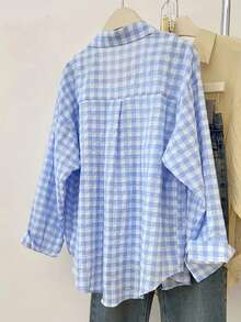 女式格子口袋前扣衬衫，休闲装 - 藍色 - 查看 2