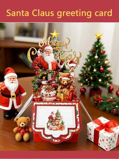 2026 New Vintage 4-Layer Christmas Card With Santa Claus, Reindeer And Tree Design - Red Paper Holiday Greeting Card With Envelope, Suitable For Friends And Family Holiday Party Invitations, Battery-Free Christmas Card