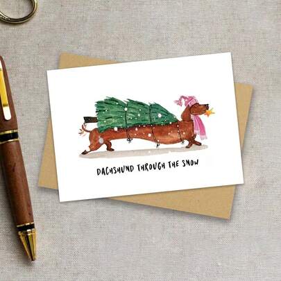 بطاقات تهنئة مضحكة، بطاقة عيد الميلاد لعشاق الكلاب داكسهوند - هدية لعشاق الكلاب يركضون في الثلج، بطاقة عيد الميلاد للزملاء، التهنئة، الاحتفالات، أعياد الميلاد، بطاقات الذكرى السنوية