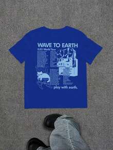 WAVE TO EARTH Play With Earth Letters Kitten Print Men's T-Shirt, Simple Art Harajuku Style, Band Music Kitten T-Shirt, Fashion Casual Loose Men And - 寶藍色 - 查看 2