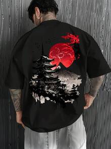 [Sporty T-Shirt]Men'S Japanese-Inspired T-Shirt - Loose Fit Casual Shirt - Mount  & Cherry Blossoms Graphic Tee With Pagoda - Japanese Landscape Design - Machine Washable For Everyday & Formal Outfits - Summer Top For Japan, Travel & Cultural EventsRelaxed Plus Size T-Shirt - 黑色 - 查看 1