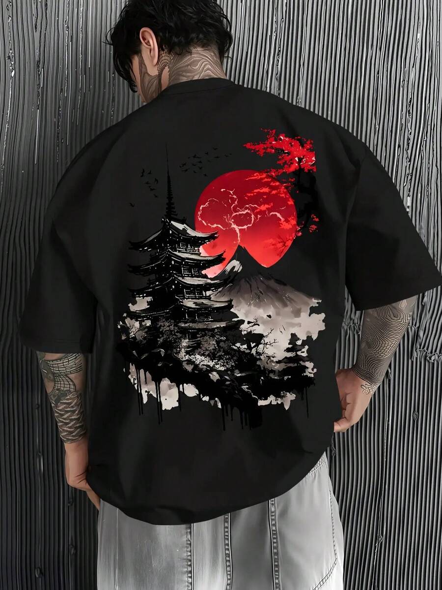 [Sporty T-Shirt]Men'S Japanese-Inspired T-Shirt - Loose Fit Casual Shirt - Mount  & Cherry Blossoms Graphic Tee With Pagoda - Japanese Landscape Design - Machine Washable For Everyday & Formal Outfits - Summer Top For Japan, Travel & Cultural EventsRelaxed Plus Size T-Shirt - 黑色 - 查看 1