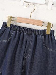 女童工装裤，时尚儿童宽松阔腿裤，女童休闲酷炫修身牛仔裤，大童牛仔长裤 - 深色水洗藍 - 查看 4