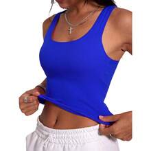 Women Rib Tank Top Padded Workout Top Square Neck Crop Tank Fitted Basic Cami Tops - Little Blue - View 5