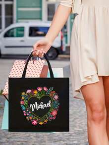 两件套，可定制姓名，彩色花环图案手提包和化妆包套装，女士亚麻大容量手提包，购物袋，便携休闲收纳手提包，适合日常出行、海滩度假，大容量购物袋，是上学、生日、大学、工作、商务、通勤、户外、旅行、节日、圣诞礼物的理想之选。 - 黑色 - 查看 6