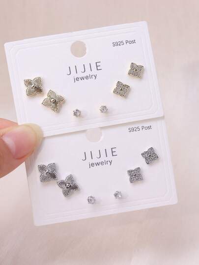 3 对简约优雅小巧可爱四瓣花耳钉，适合女士