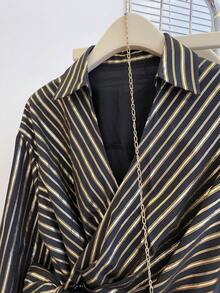 春夏金属条纹黑色长袖系腰蝴蝶结裹身奢华优雅商务休闲修身女式衬衫