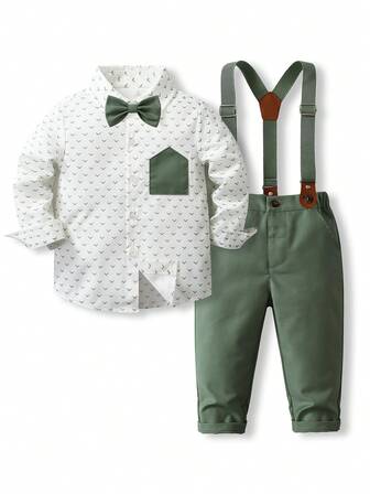 Spring/Autumn Baby Boy Formal Suit Set, Casual Blazer Outfit, Pattern Long Sleeve Shirt + Bib Overalls, Suitable For Birthday Party, Holiday Event, Casual Outing, Boys' Casual Formal Wear