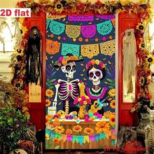 Bandera de fiesta en 2D, material de poliéster, diseño de calavera temática del Día de los Muertos mexicano para colgar en el marco de la puerta, adecuado para decoración de fiestas, arreglo de habitaciones y porches, sin necesidad de electricidad