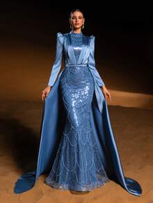 Faeriesty 优雅晚礼服，小巧的半高领设计，公主风侧拖尾，美人鱼式珠饰亮片点缀，适合婚礼招待会及女士正式派对穿着。 - 霧霾藍 - 查看 6