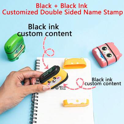 1 szt. Czarny + czarny tusz, spersonalizowany, dwustronny stempel imienny, spersonalizowany stempel imienny do odzieży, spersonalizowane stemple do odzieży, spersonalizowany, samoprzylepny stempel imienny do prezentów papierniczych, stempel do ubrań, wodoodporny, wielofunkcyjny, pieczęć, nie wymaga prasowania, kolorowy, wielokrotnego użytku