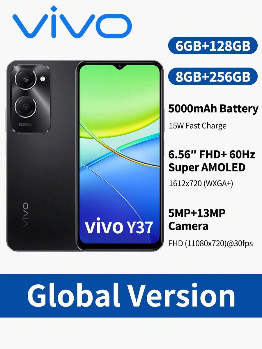 vivo Y37 智能手机 5G 安卓手机 菱形浅紫/远山绿/月影黑 性能卓越 大容量电池 轻薄便携 超长续航 拍照手机 6.56 英寸 90Hz 高刷新率屏幕 5000mAh 大容量电池 超长待机 1300 万像素后置主摄像头 500 万像素前置摄像头 - 黑色 - 查看 1