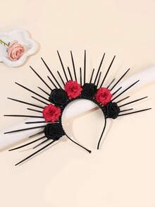 1 pièce Serre-tête noir et rouge à fleurs pour femmes, serre-têtee pour le festival d'Halloween, bandeau pour cheveux - Multicolore - Voir 6