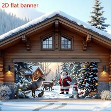 Pancarta plana 2D de Navidad para el garaje - Escena de Papá Noel, renos y pueblo de muñecos de nieve, decoración de pared exterior navideña adecuada para fiestas, de poliéster