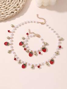 2 件套女孩甜美草莓樱桃仿珍珠串珠项链和手链首饰套装，适合日常、度假、派对、节日礼物