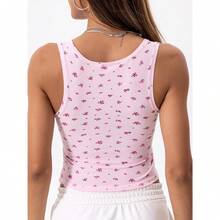 Camiseta de mujer de costilla con acolchado, top de entrenamiento de cuello cuadrado, top corto ajustado, camiseta básica de tirantes - Rosa rosa floral - Ver 7