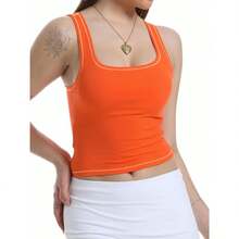 Women Rib Tank Top Padded Workout Top Square Neck Crop Tank Fitted Basic Cami Tops - Hot Orange - View 4