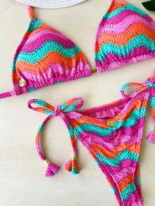 Ripple Triangle Bikini With Removable Padded Cups And Crochet In Pink - 彩色 - 查看 5