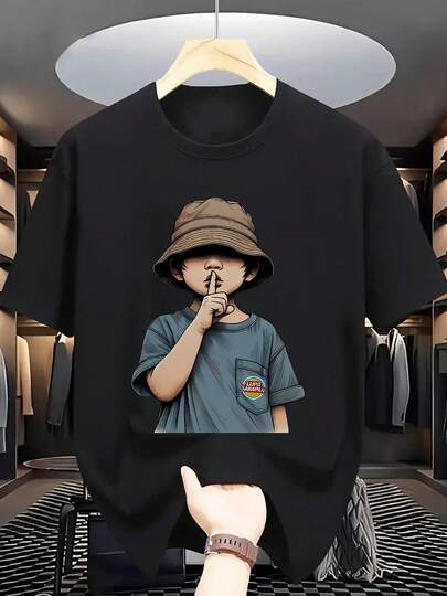 Camiseta corta de manga con cuello redondo y estampado de dibujos animados 'Retrato' de colores. Hecha de  cómodo y ligeramente , ideal para uso diario casual en verano. Un must para la moda masculina.