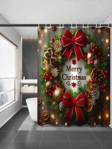 1/3/4 Stücke Weihnachts Duschvorhang Set, Weihnachts Schleife und Geschenk Muster bedruckter Badezimmer Fenster Duschvorhang Set, Badezimmer Set beinhaltet rutschfeste Badematte, U-förmige Toilettenvorleger, Toilettendeckel Abdeckung und Duschvorhang Zubehör, geeignet für Badezimmer Dekoration, Heimdekoration und Duschdekor, Feiertags Geschenk, Feiertags Dekoration, Weihnachtsdekoration