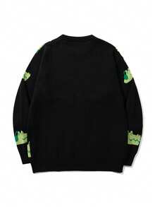 Suéter masculino casual folgado de cor sólida com estampa fofa de crocodilo e letras, ideal para outono e inverno.