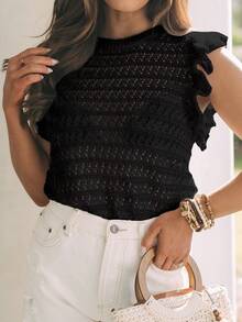 女士钩针编织条纹毛衣背心，轻盈圆领荷叶边短袖上衣 - 黑色 - 查看 5
