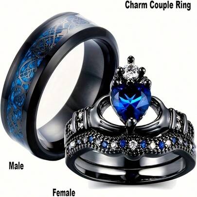 Fashion Stainless Steel Blue Synthetic Zirconia Couple Ring, Engagement Wedding Ring, Valentine's Day Gift, Wedding Anniversary Jewelry
