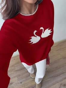 海军蓝天鹅图案女式套头衫，秋冬款 - 紅色 - 查看 6