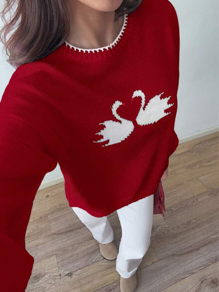 海军蓝天鹅图案女式套头衫，秋冬款 - 紅色 - 查看 6