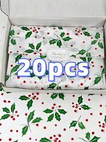 5/10/20 Green Christmas Leaf And Red Berry Pattern Thin Paper, 19.69 Inches X 13.78 Inches Gift Wrapping Paper, Suitable For Wedding, Christmas, Birthday Gift Packaging, Bouquet Filling, Party Gifts