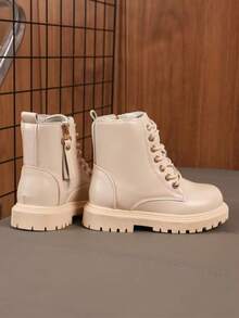 女童靴子，米色侧拉链前系带靴，公主风真皮踝靴，2025秋冬新款 - 米色 - 查看 5