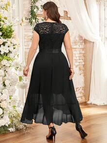 MIUSOL Women Plus Size Elegant Lace Bodice Ruffle Asymmetrical Hem Dress, Flowy Chiffon Midi Gown For Wedding Guest, Birthday Party, Homecoming, Church - màu đen - Xem 2