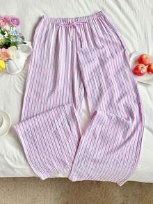 Womens Fall Striped Pants Casual Loose Fit Stylish Elastic Mid Rise Straight-Leg Trousers