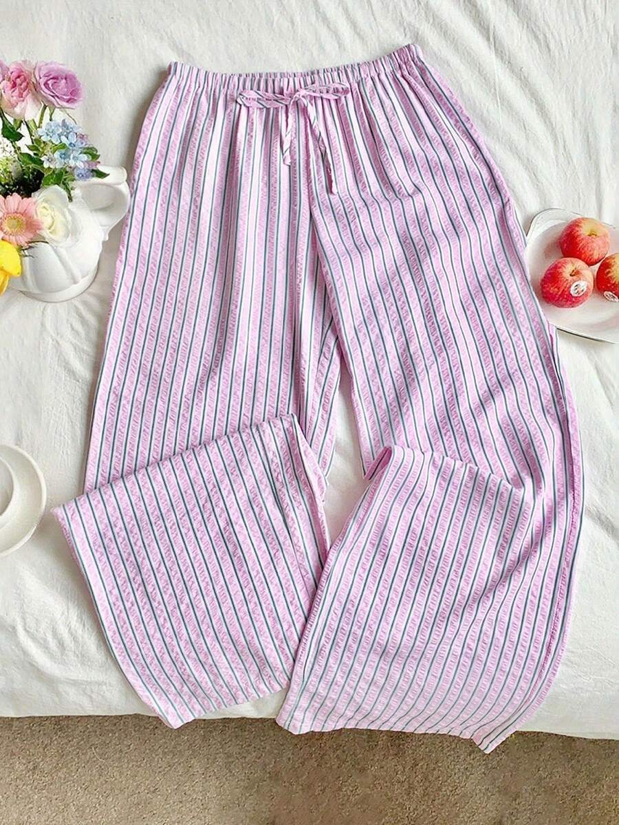 Womens Fall Striped Pants Casual Loose Fit Stylish Elastic Mid Rise Straight-Leg Trousers