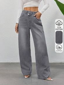 Vintage hellgraue Jeans, Damen Mode Design Lässig Straight Loose Schräg Knopf Jeans, Frühling/Sommer - Hellgrau - Übersicht 10