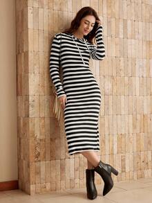 Wildy Women's Black & White Ribbed Hooded Bodycon Maxi Dress - Black and White - View 2