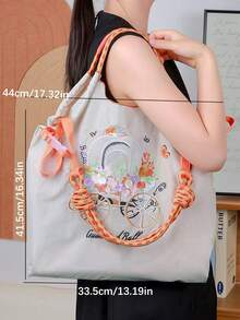 1pc New Casual Embroidered Floral Car Pattern Lightweight Nylon Large Capacity Tote Bag, Suitable For Commuting, Party, Shoulder & Crossbody Bag With Strap