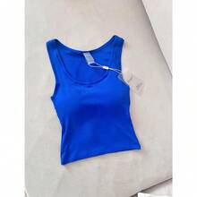 Women Rib Tank Top Padded Workout Top Square Neck Crop Tank Fitted Basic Cami Tops - Little Blue - View 3