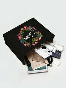 两件套，可定制姓名，彩色花环图案手提包和化妆包套装，女士亚麻大容量手提包，购物袋，便携休闲收纳手提包，适合日常出行、海滩度假，大容量购物袋，是上学、生日、大学、工作、商务、通勤、户外、旅行、节日、圣诞礼物的理想之选。 - 黑色 - 查看 5