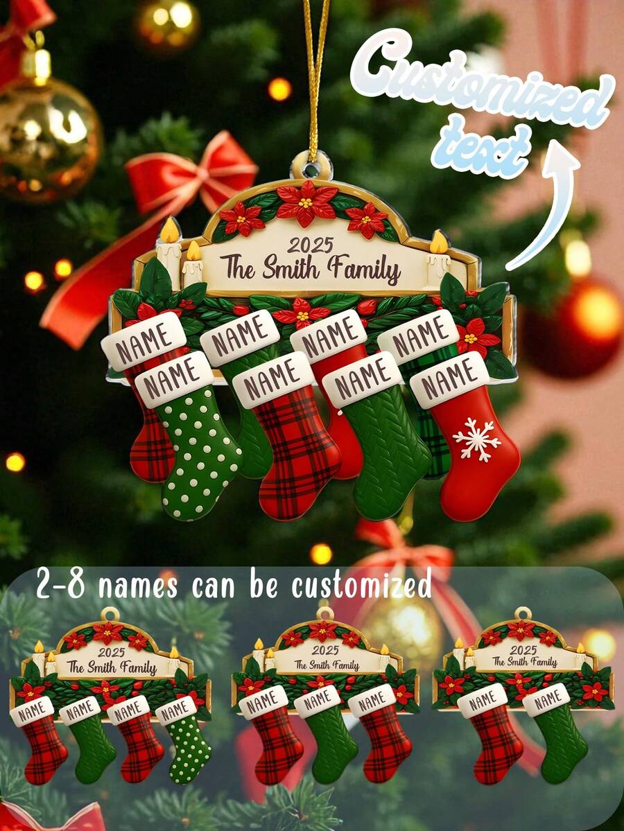 Décoration de Noël personnalisée de bas de Noël de famille avec 2 à 8 noms personnalisés. Décoration festive de vacances 2025, cadeau souvenir pour les parents, grands-parents, amis. Parfait pour le sapin de Noël, la décoration de la maison, ornement personnalisé pour les rassemblements en famille - Multicolore - Voir 1